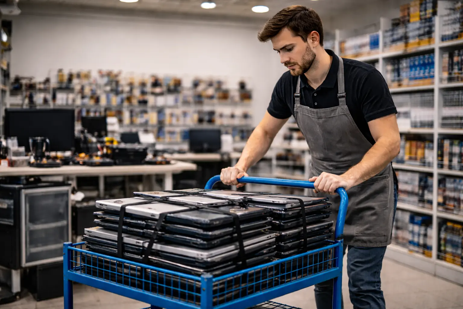 Bağımsız teknik serviste el arabasıyla onarıma gidecek dizüstü bilgisayarları taşıyan teknisyen