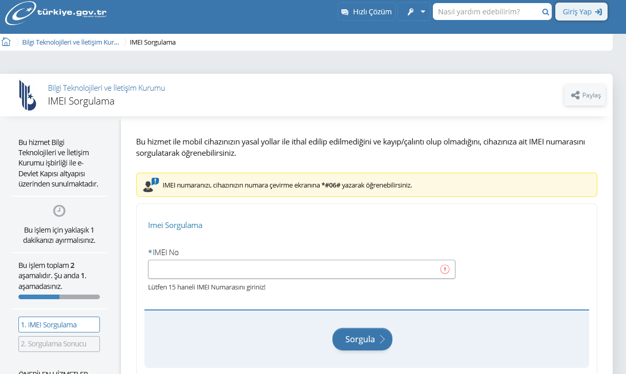 e Devlet Uzerinden IMEI Kontrolu