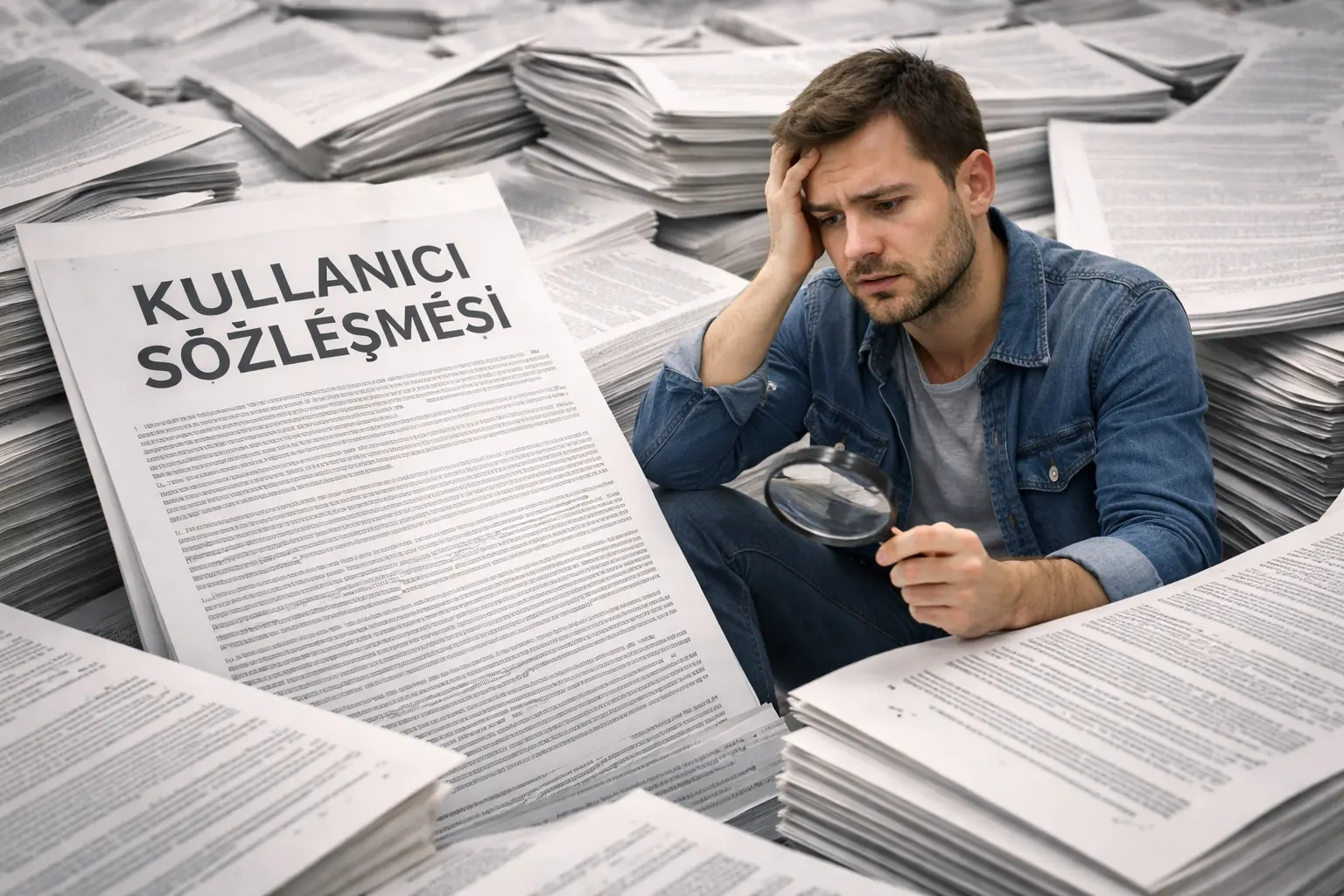 Kullanıcı sözleşmesi içinde kaybolan ve haklarını anlamaya çalışan tüketici