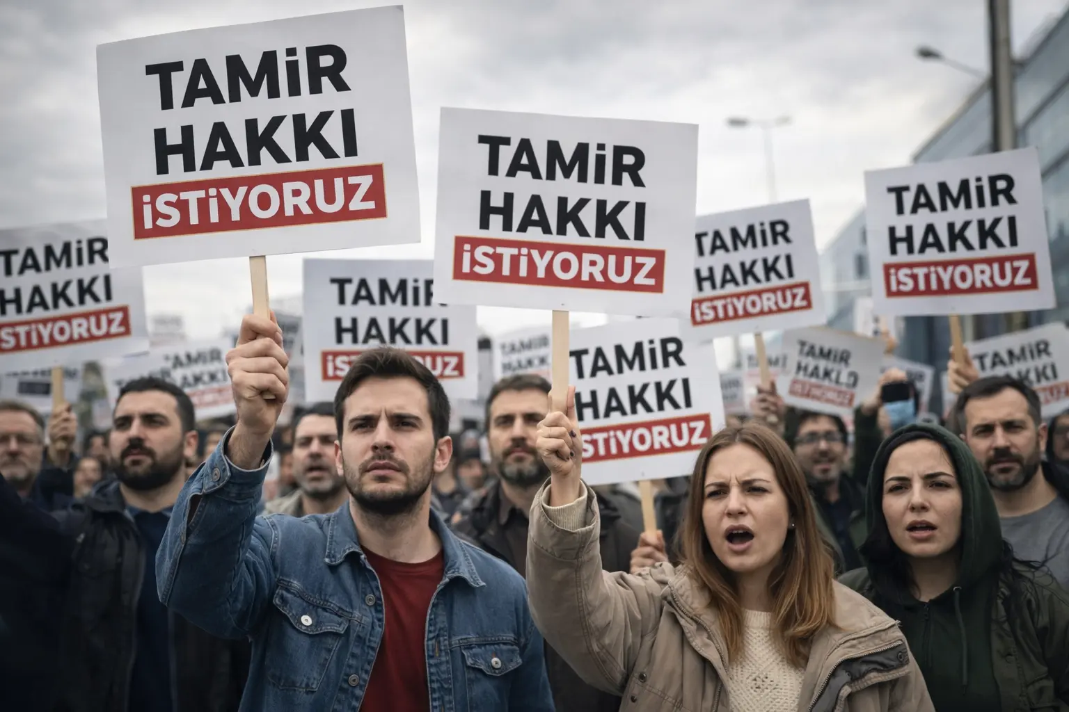 Tamir Hakkı İstiyoruz pankartlarıyla onarım hakkı için protesto yapan kullanıcılar