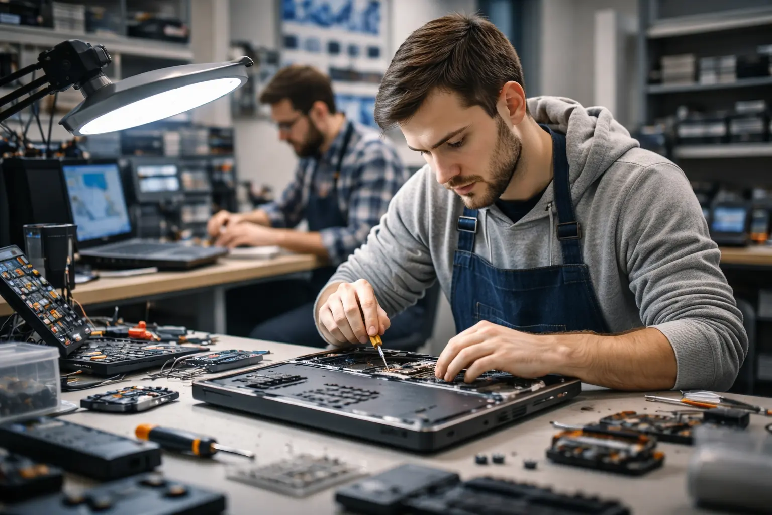 Bilgisayar teknik servisinde dizüstü bilgisayar onarımı yapan uzman teknisyenler