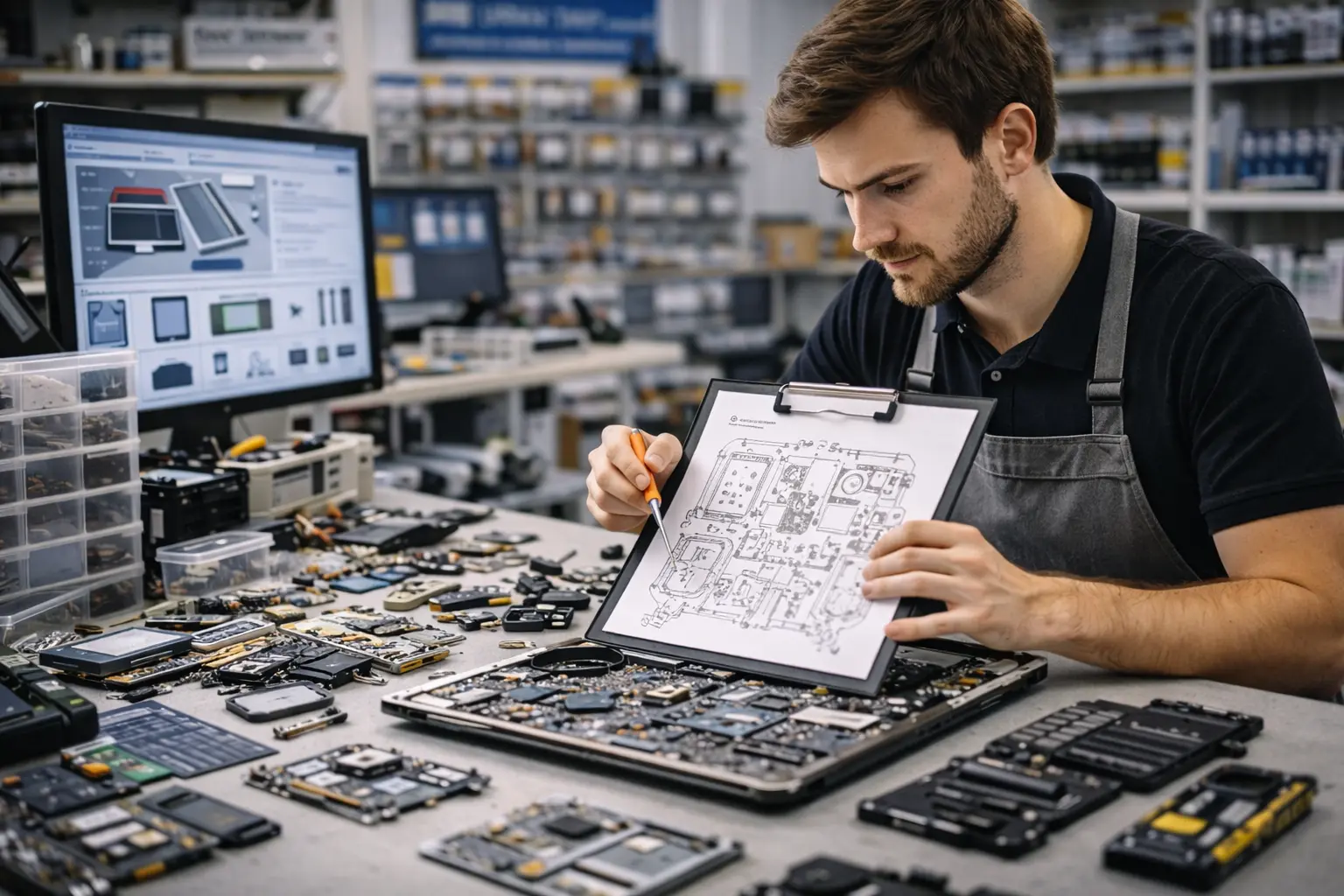 Bağımsız teknik serviste yedek parça ve teknik dokümantasyonla çalışan bilgisayar teknisyeni